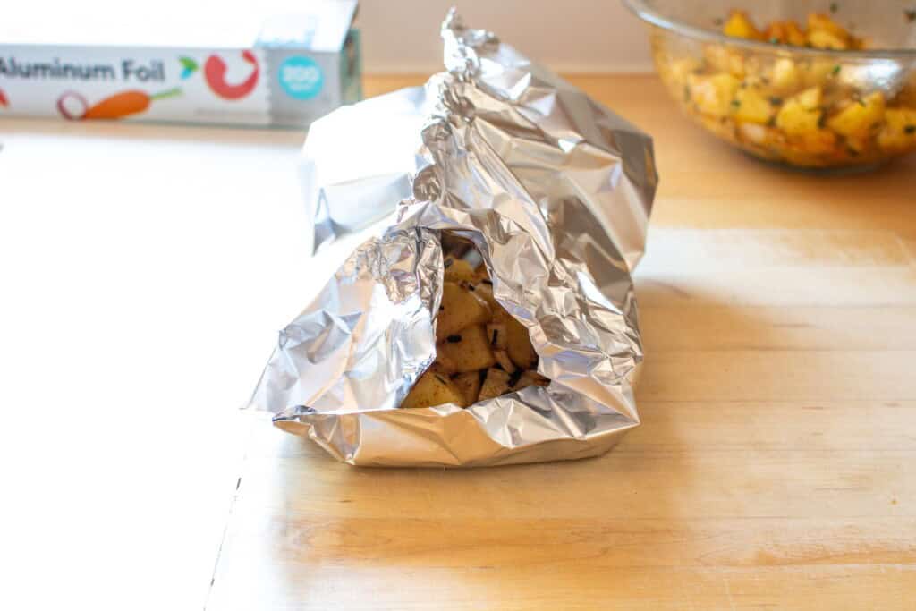 a foil packet being assembled