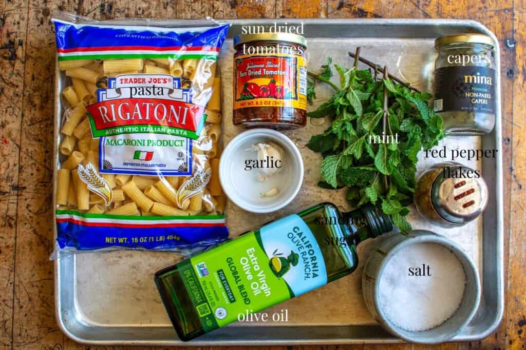 all the ingredients needed to make pasta with capers