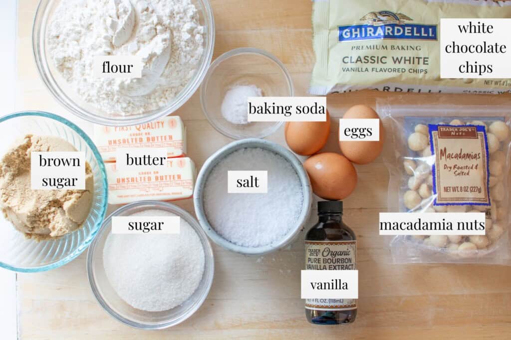 All the ingredients to make white chocolate macadamia nut cookies