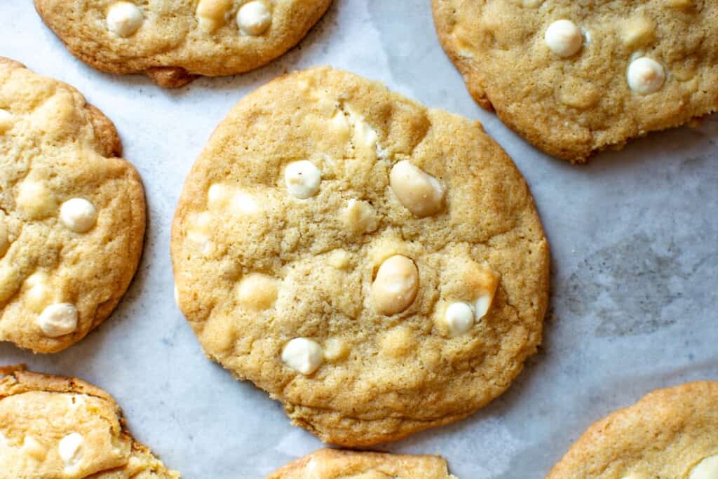 white chocolate chip cookies on a baking sheet