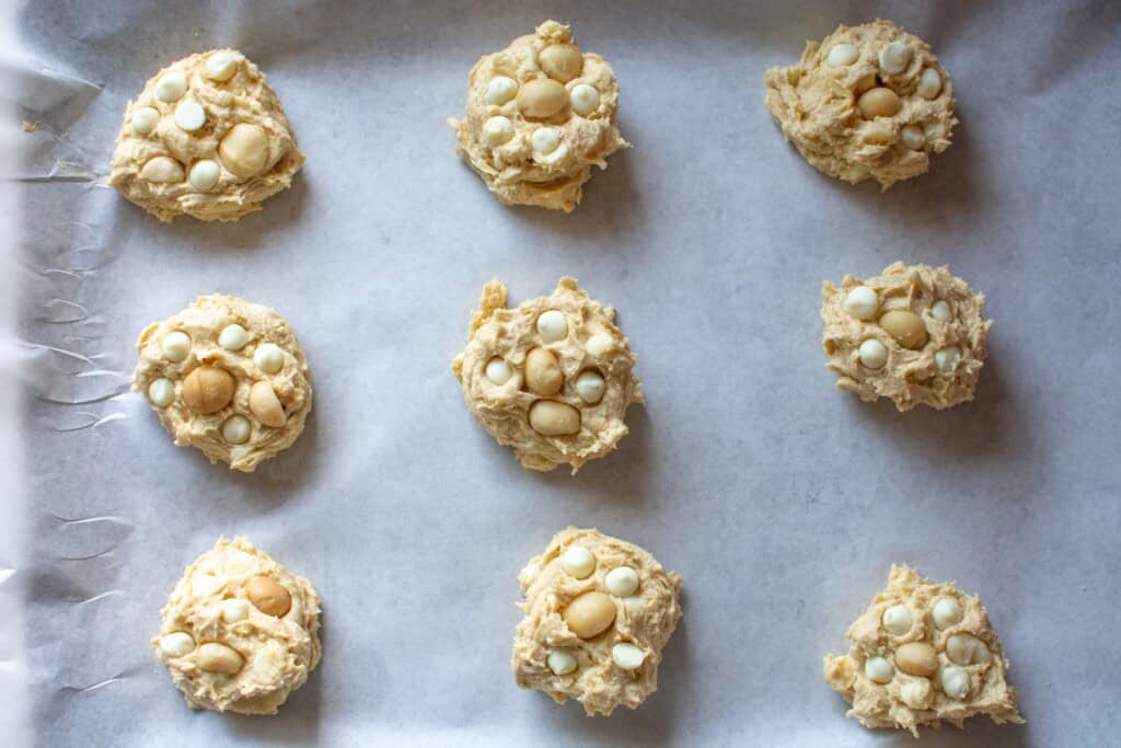Cookie dough balls on a baking sheet
