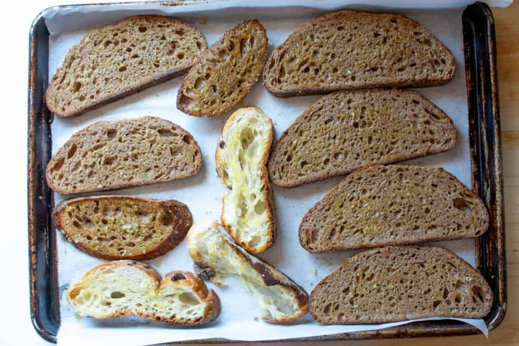 toasted bread on a baking sheet