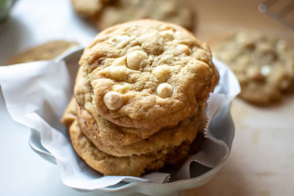 white chocolate macadamia nut cookies in a small bowl