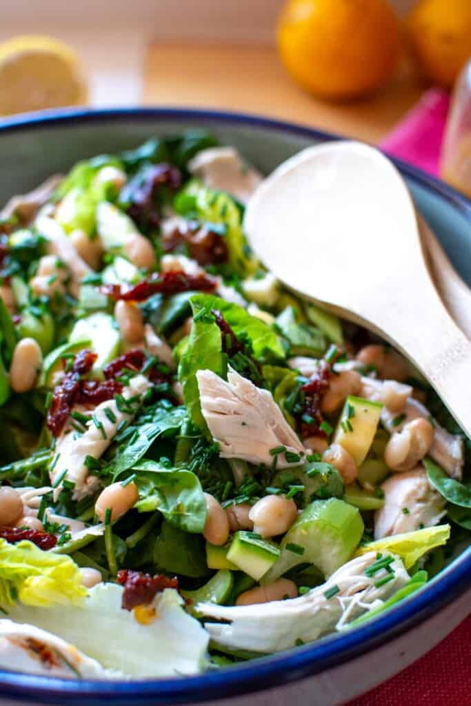 A salad with chicken, lettuce, and sun dried tomatoes