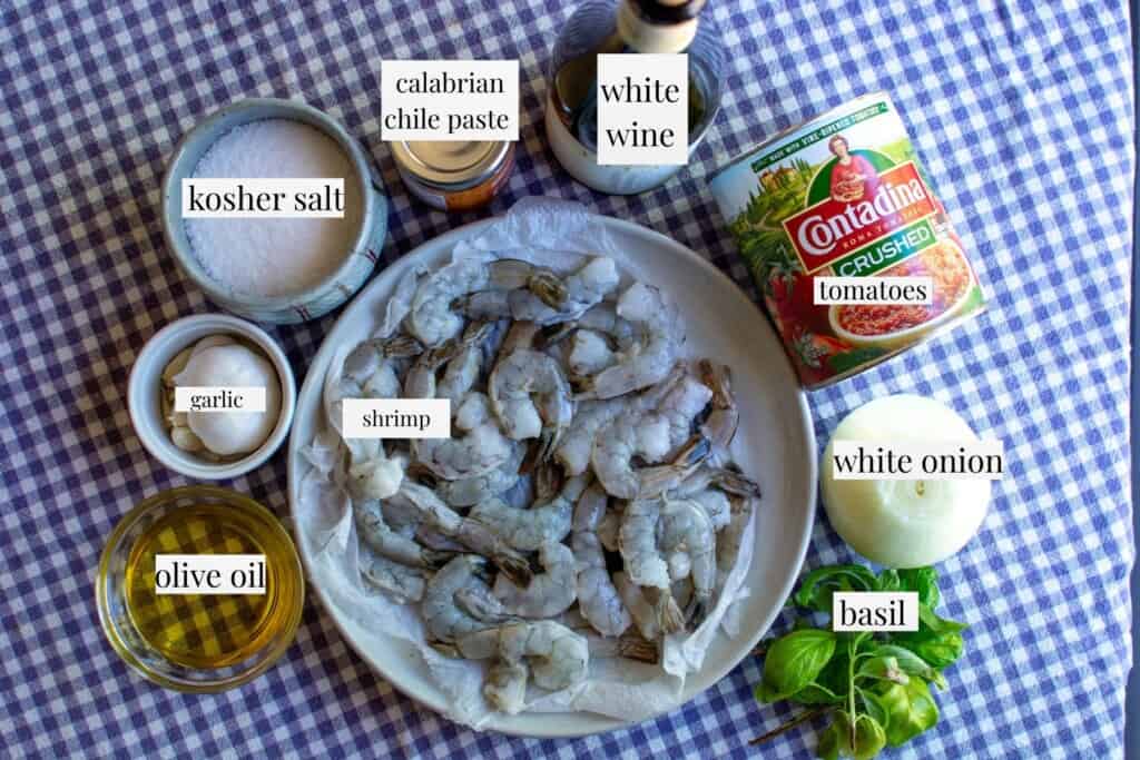 all the ingredients to make shrimp in tomato sauce