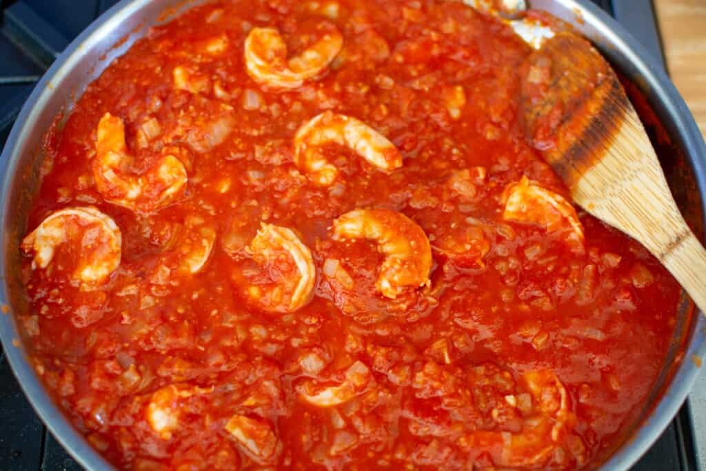 shrimp in tomato sauce in a skillet