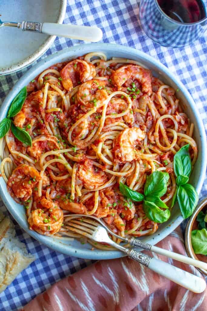 shrimp served over pasta