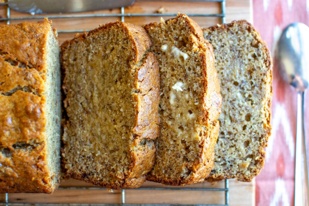banana bread cut into slices