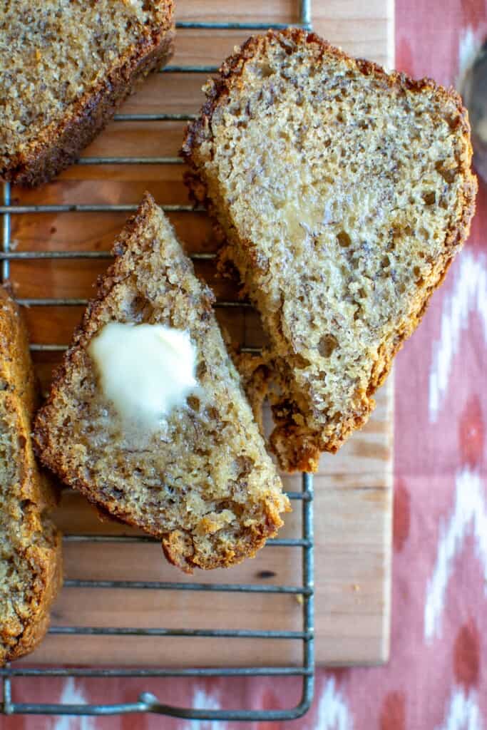 banana bread with butter on one half