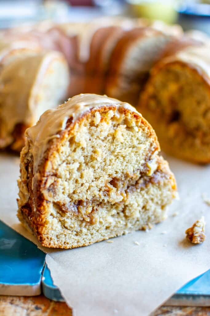a piece of cinnamon walnut coffee cake