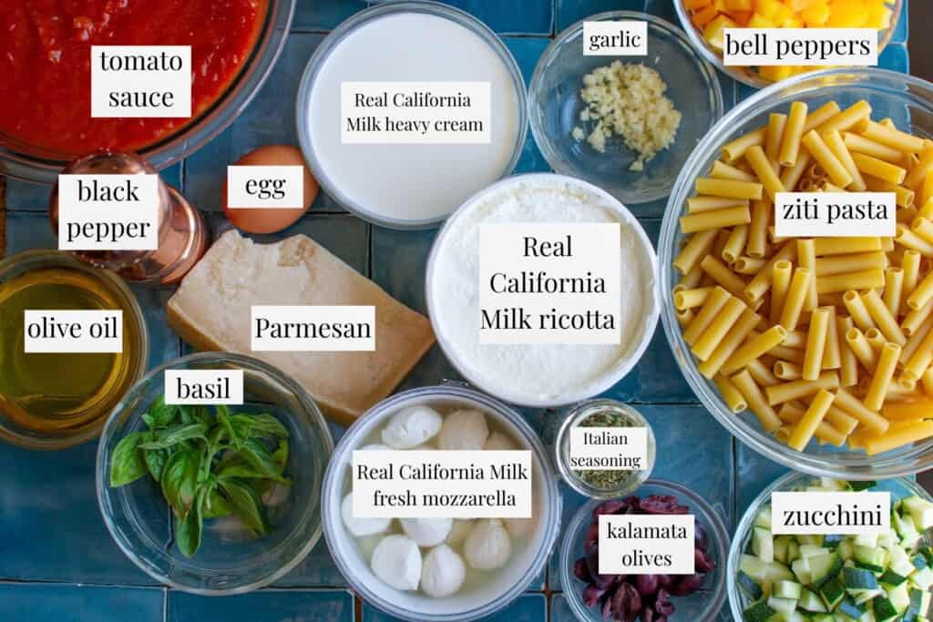 All the ingredients in baked ziti