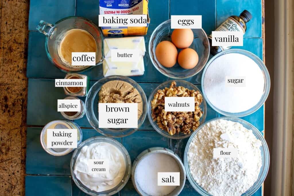 All the ingredients to make walnut coffee cake