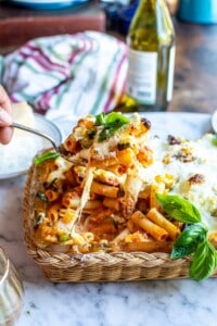 a baking dish full of baked ziti
